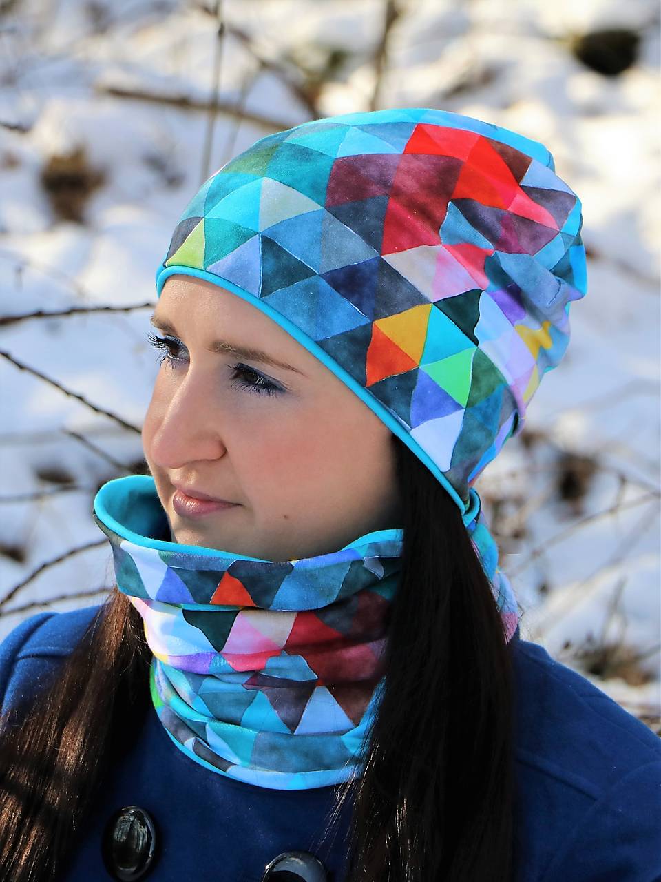 Trojuholníky tyrkysové čiapka, nákrčník alebo set