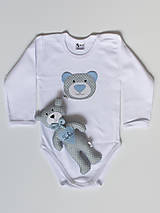 Detské oblečenie - SET MACKO  body + hračka (sivo - modrý) - 13666524_