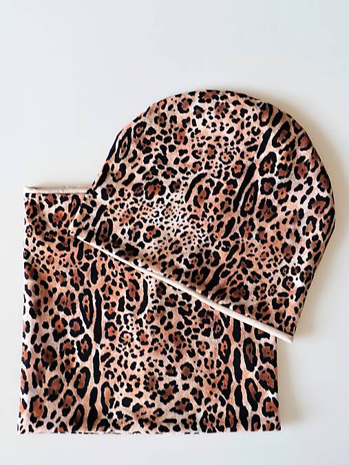 Leopard úpletová čiapka, nákrčník alebo set