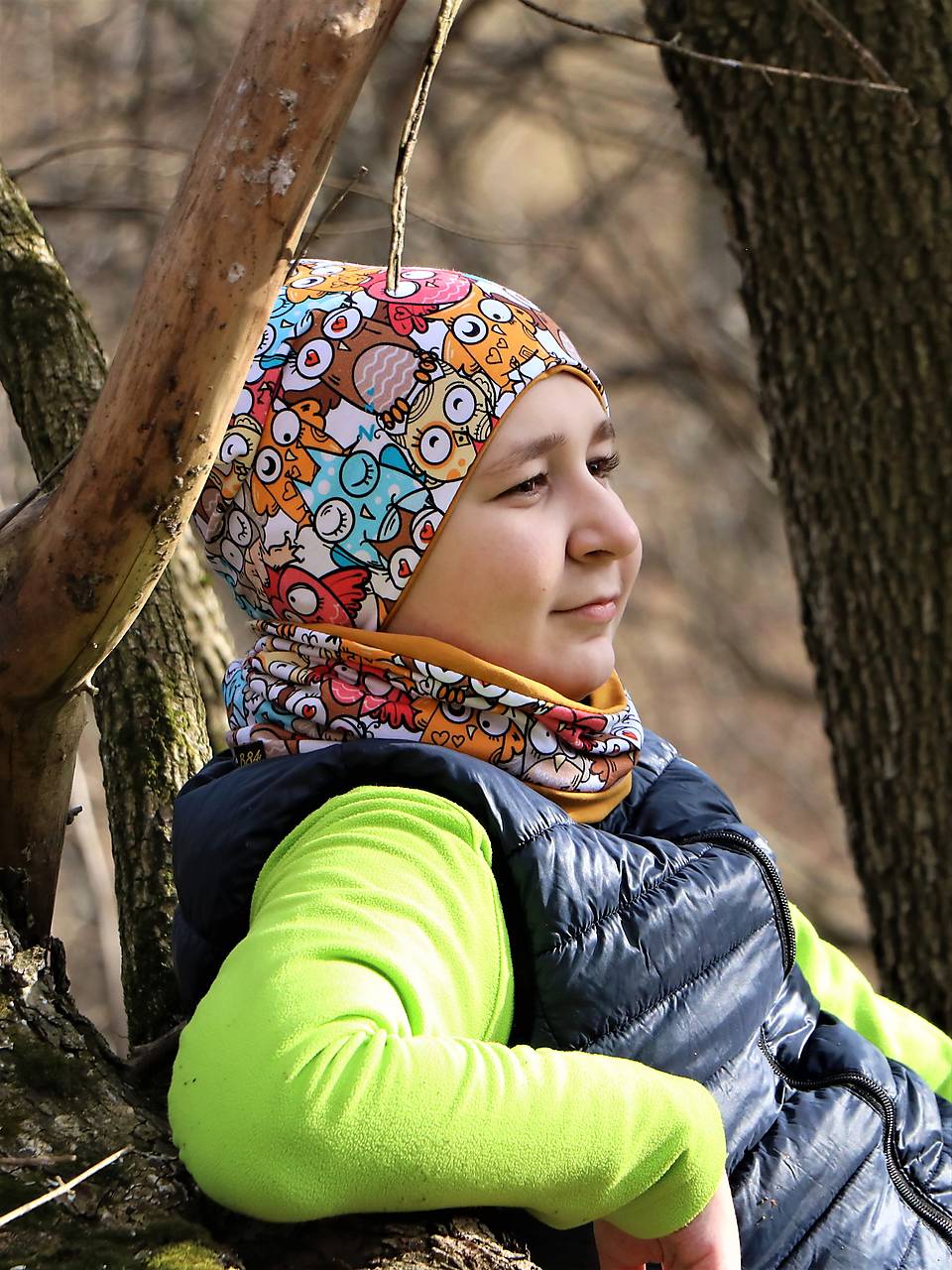 Sovy úpletová čiapka, nákrčník alebo set