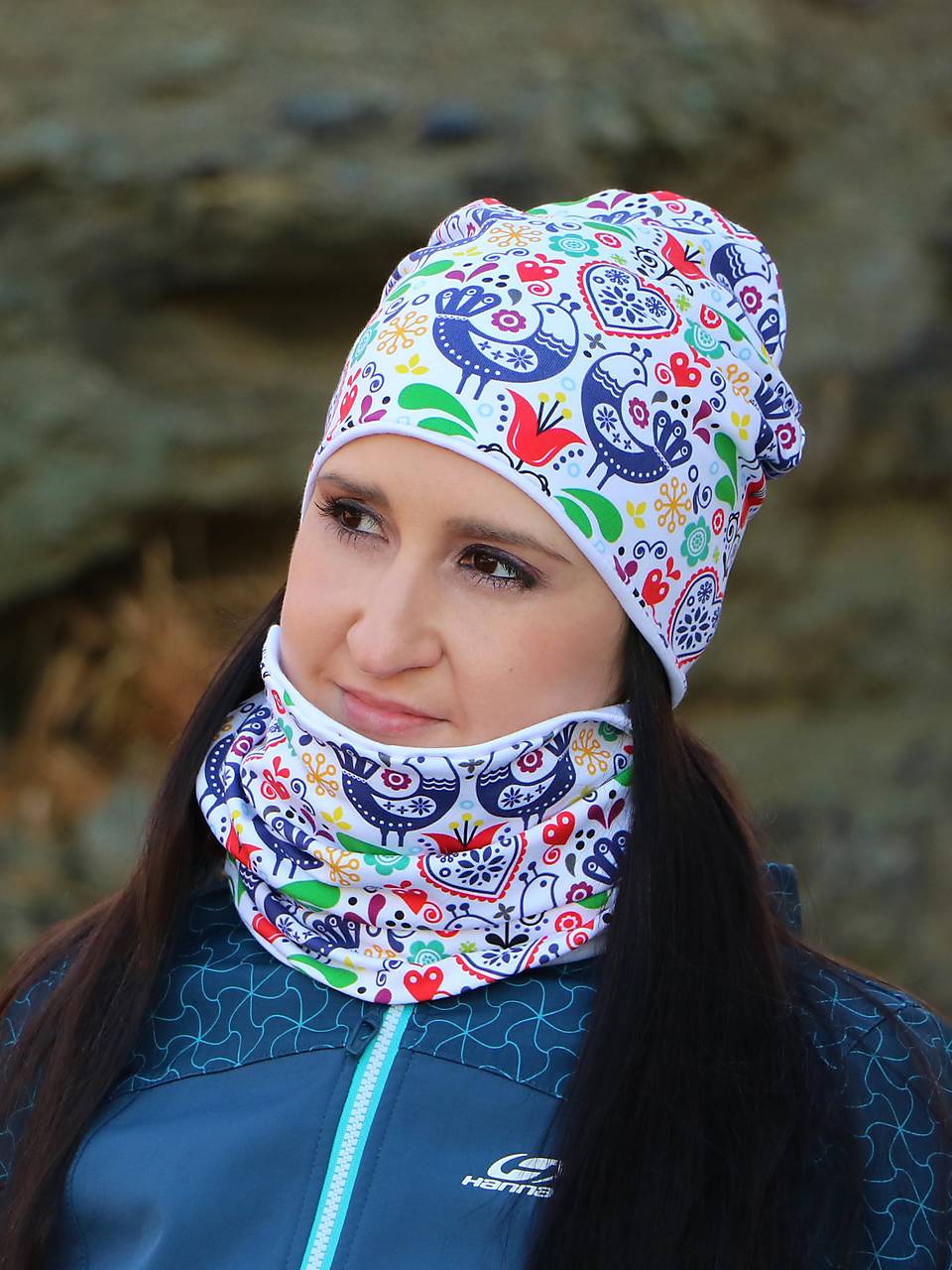 Vtáčik farebný úpletová čiapka, nákrčník alebo set