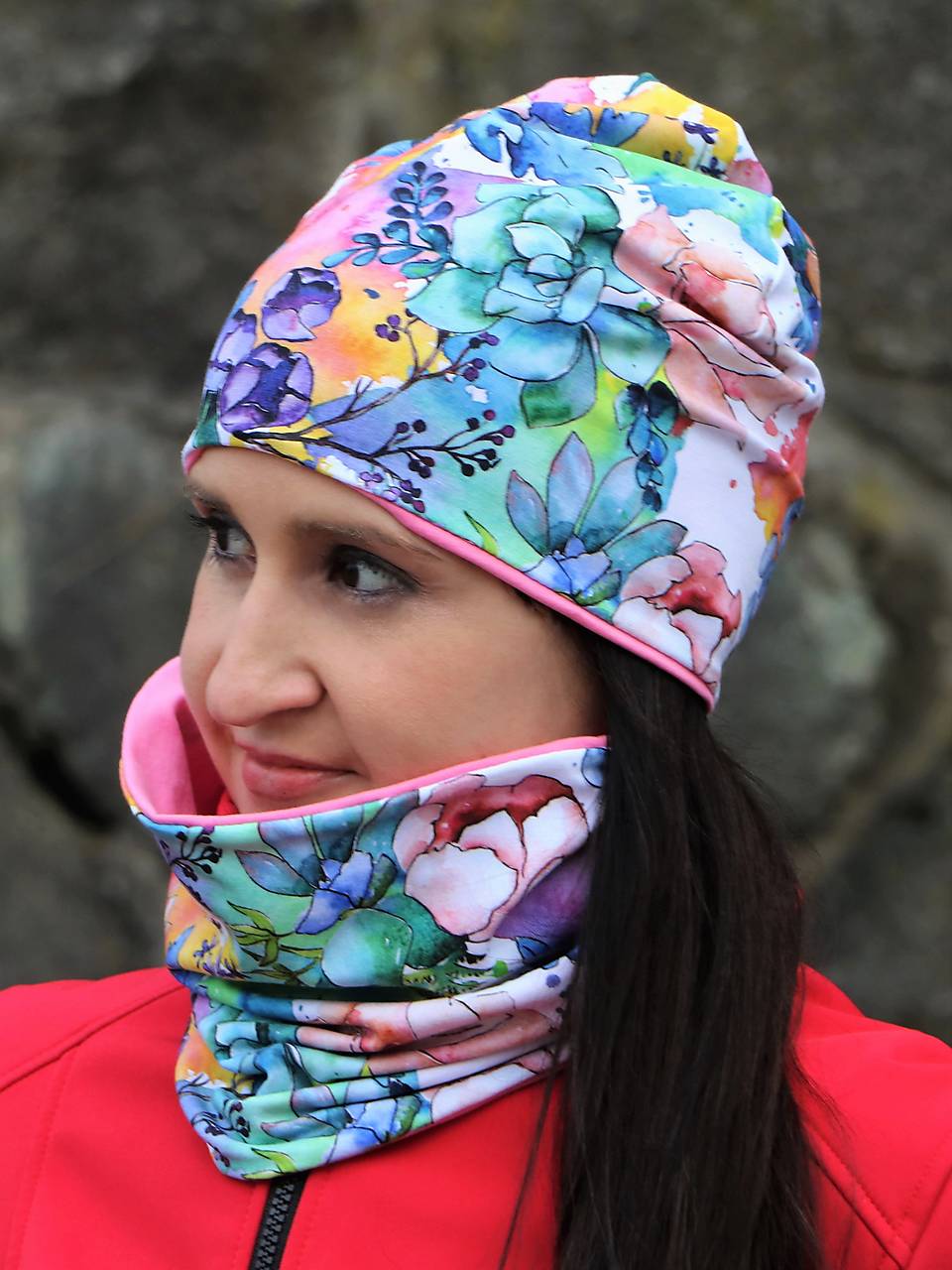 Akvarel úpletová čiapka, nákrčník alebo set