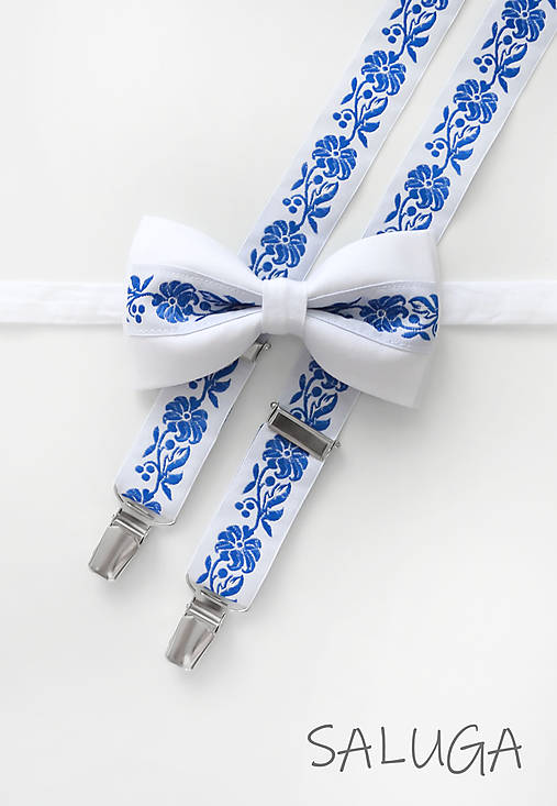 Pánske doplnky - Folklórny pánsky modrý motýlik a traky - folkový - ľudový  - 13668287_