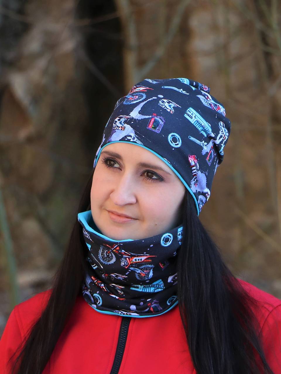 Motorky úpletová čiapka, nákrčník alebo set