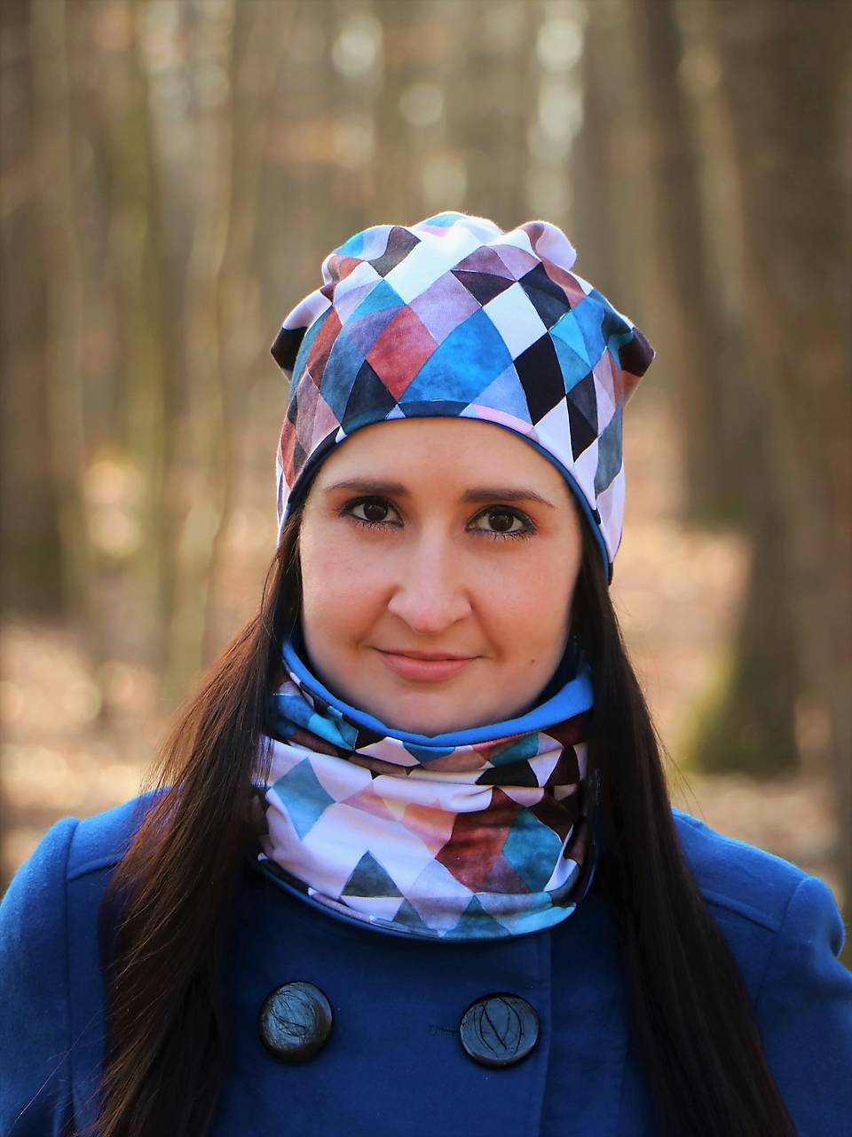 Trojuholníky hnedo/modré čiapka, nákrčník alebo set