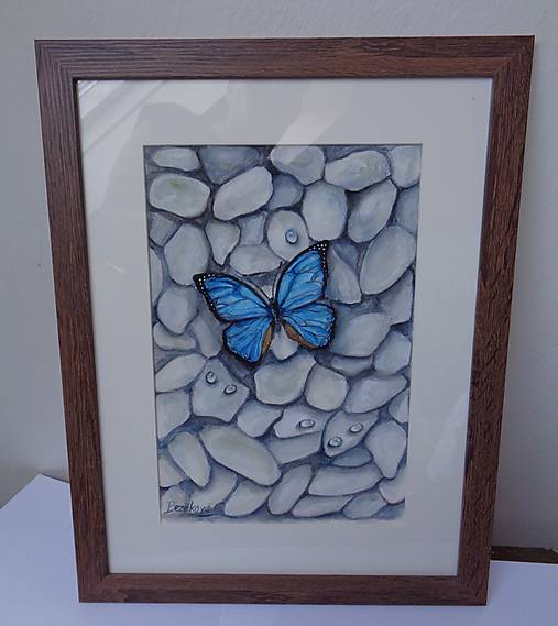 Motýľ na kamienkoch - akvarel (rám tmavé drevo)