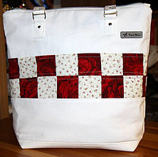Nákupné tašky - Taška na rameno patchworková (štvorčeková s bielou látkou a bielou koženkou) - 13704737_