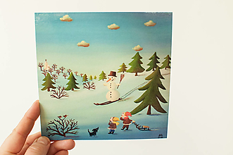 Papier - Pohľadnica "snehuliak ide" - 13706461_