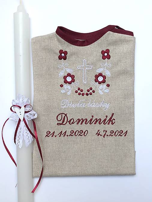 Detské oblečenie - Košieľka na krst k15 ľanová bordovou-biela a sviečka na krst biela čipka, biele srdiečko a bordová mašlička - 13708879_