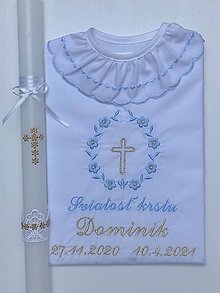 Detské oblečenie - Krstná košieľka k01 modro-zlatá a sviečka na krst zlatý krížik - 13708853_