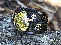 Náramky - Steampunk čiernykožený náramok s hodinkami - 13724566_