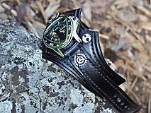 Náramky - Steampunk čiernykožený náramok s hodinkami - 13724568_