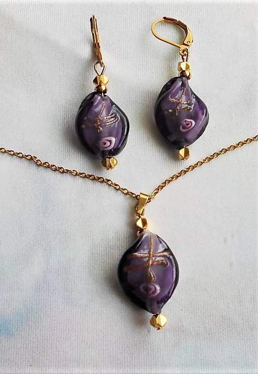Sady šperkov - Čarovný lampwork (Fialovo zlaté špirály) - 13750311_