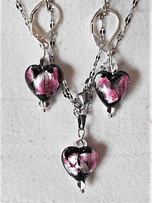 Sady šperkov - Čarovný lampwork (Ružovo strieborné srdcia) - 13750292_