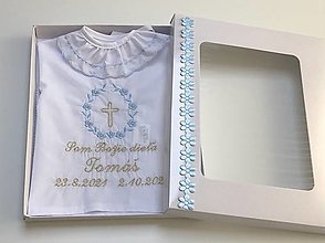Detské oblečenie - košieľka na krst k01 modro-zlatá v darčekovom balení - 13750509_