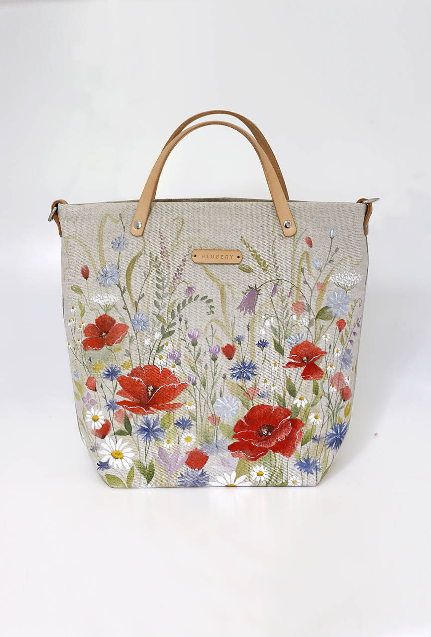 Veľká priestranná ručne maľovaná kabelka z ľanu "Na lúke"
