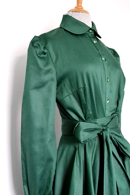 Košeľové šaty s viazaním v páse z bavlneného saténu – zelené 