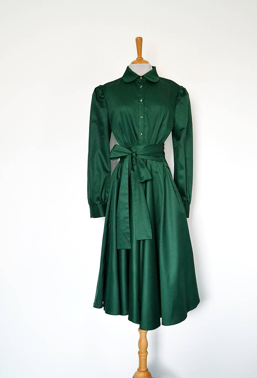 Košeľové šaty s viazaním v páse z bavlneného saténu – zelené 