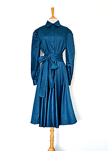 Šaty - Košeľové šaty s viazaním v páse z bavlneného saténu – petrolejové - 13762038_
