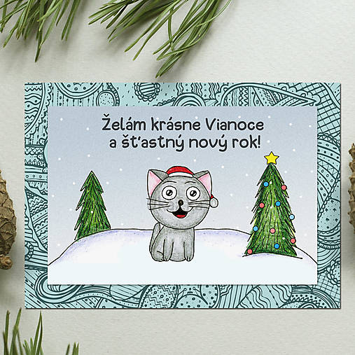 Zvieracie Vianoce - vianočná pohľadnica s mačkou (abstraktné okraje)