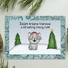 Papiernictvo - Zvieracie Vianoce - vianočná pohľadnica s mačkou (abstraktné okraje) - 13766689_