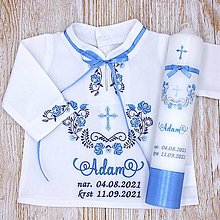 Detské oblečenie - Folklórna košieľka na krst modrá (set košieľka + sviečka + darčeková krabica) - 13779033_