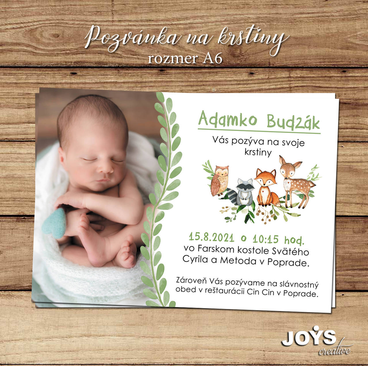 Pozvánka na krstiny s fotkou a so zvieratkami