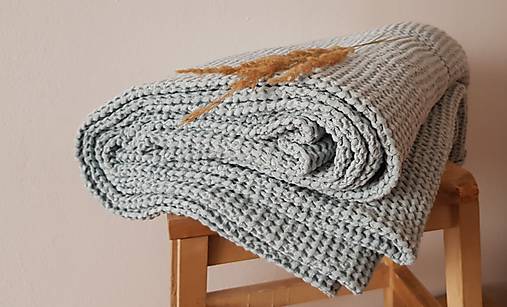 Úžitkový textil - Ľanový waflový prehoz na posteľ (100 x 200 - prašná modrozelená) - 13797202_