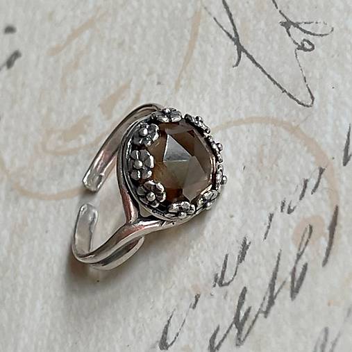 Smoky Quartz Filigree Flower AG925 Silver Ring  / Strieborný prsteň so záhnedou E012