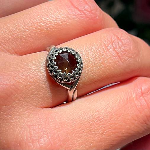 Smoky Quartz Filigree Flower AG925 Silver Ring  / Strieborný prsteň so záhnedou E012