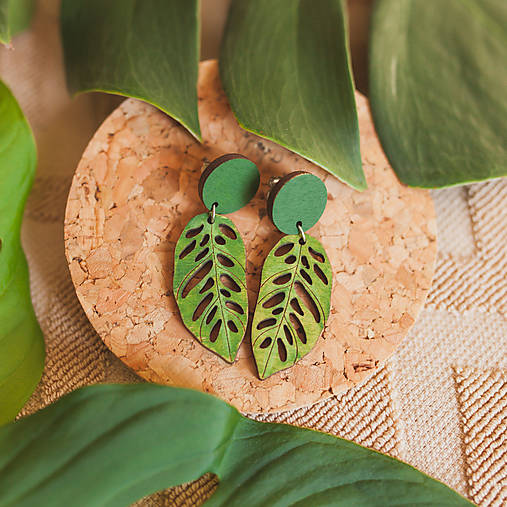 Náušnice - izbovky ~ napichovisiačky (monstera adansonii) - 13811319_