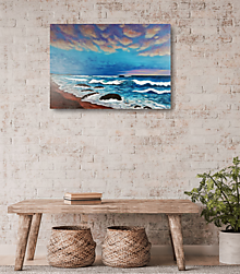 Obrazy - Jemné večerné vlny - ručne maľovaný obraz pláže, 70x50cm - 13808799_