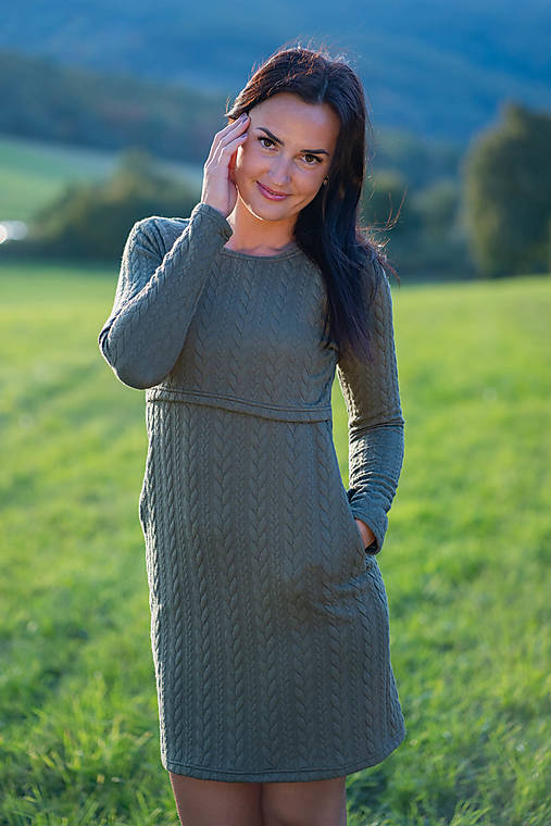 Šaty - Teplákové svetríkové šaty na dojčenie s dlhým rukávom - khaki - 13813211_