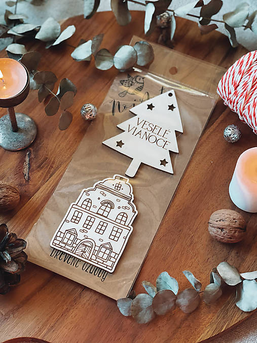 Dekorácie - Sada drevených ozdôb Domček a Stromček - 13818439_