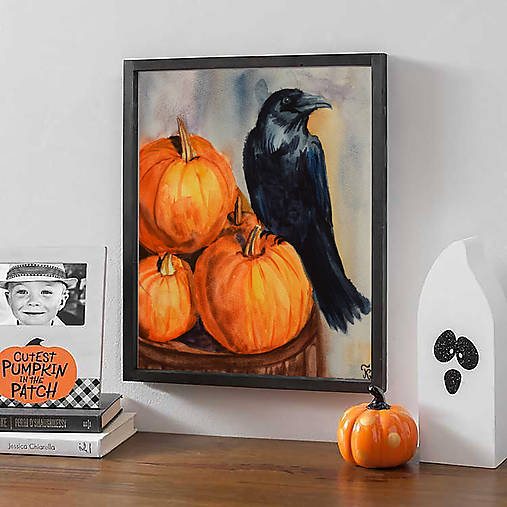 Obrazy - Havran na tekvice obraz akvarel výtlačok (print) - 13817595_