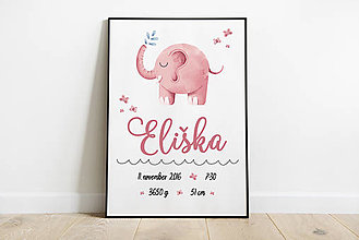 Tabuľky - Plagát pre bábätko s údajmi o narodení - slon - 13833390_