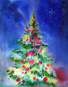 Obrazy - Vianočný stromček akvarelovy obraz výtlačok (print) - 13840427_