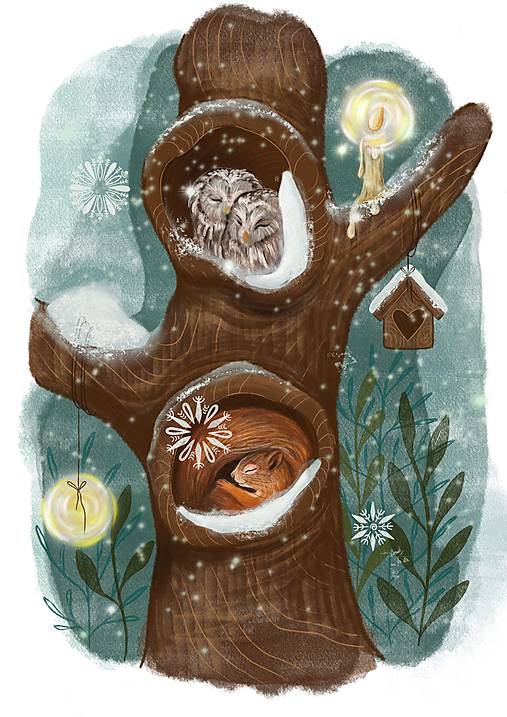 Grafika- print - Celú zimu prespí- veverička a sova