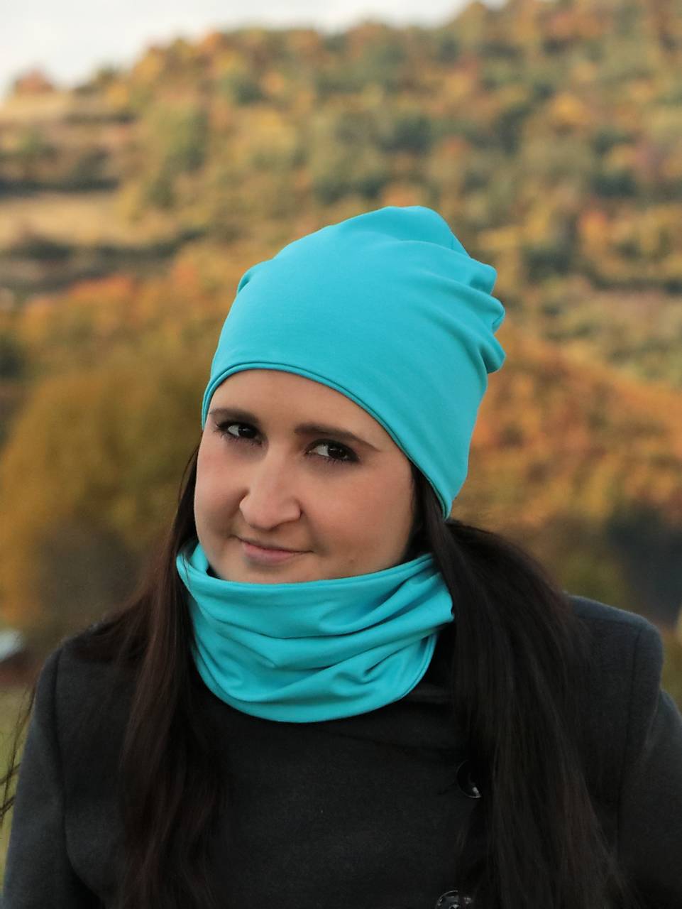 Tyrkysová úpletová čiapka, nákrčník alebo set