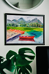 Akvarelový obraz hory a jazero