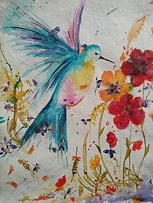 Obrazy - Kolibrík na ručnom papieri s kvetmi - 13846717_