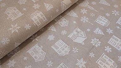 Textil - Látka bielo-zlaté vianočné domčeky na režnej - 13851708_