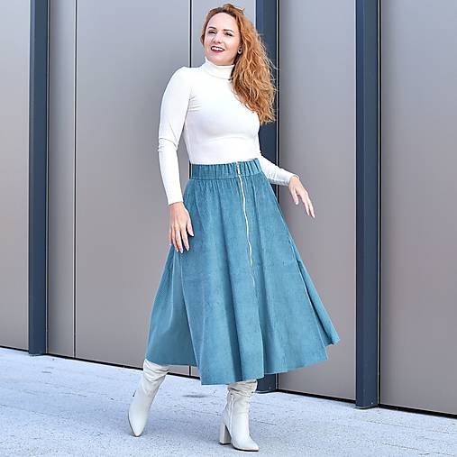 Sukne - ERIN - menčestrová midi sukňa výrazným zipsom "RôZNE FARBY" - 13853863_