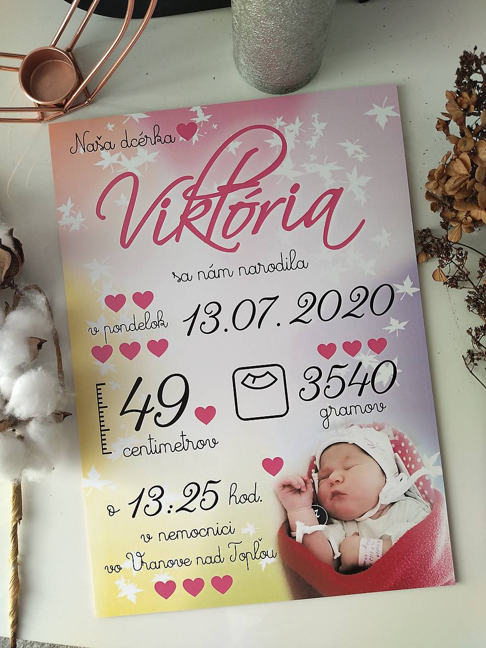 Detská tabuľka, tabuľka pre dieťa s údajmi o narodení dieťatka (Farebné pozadie 38x27)