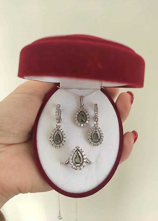 Sady šperkov - Sada strieborných šperkov s prírodným vltavínom a zirkónom z rýdzeho striebra 925, pozláteného striebra, bieleho a žltéh - 13857229_