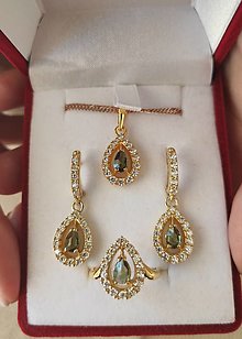 Sady šperkov - Sada strieborných šperkov s prírodným vltavínom a zirkónom z rýdzeho striebra 925, pozláteného striebra, bieleho a žltéh (pozlátené striebro) - 13857242_