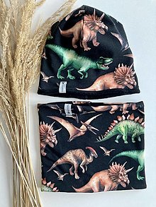 Detské čiapky - Zimný set s fleecom s dinosaurami na čiernom pozadí - 13854713_