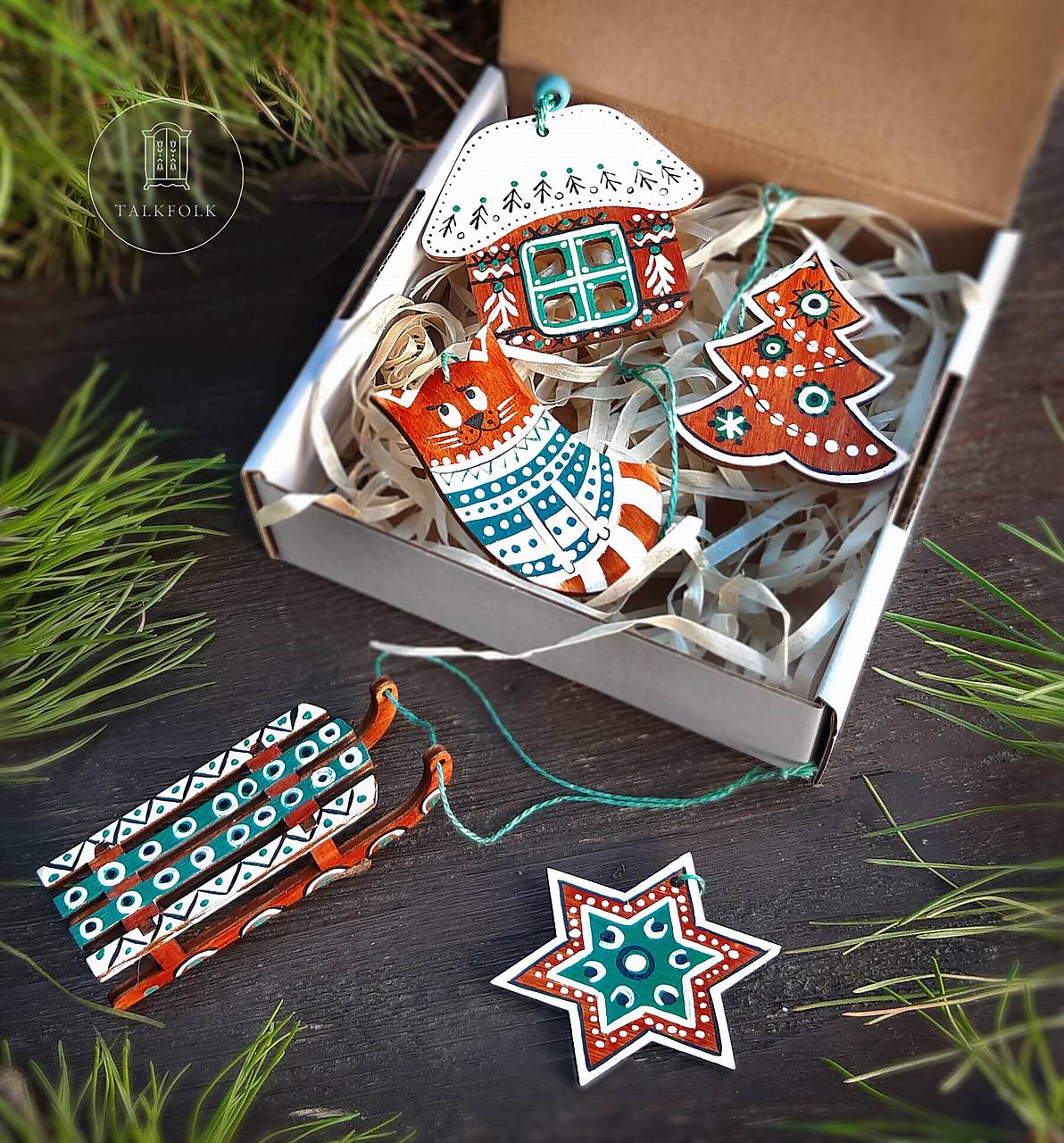 Drevené vianočné ozdoby - Dedinka (5ks) (Tyrkysová)