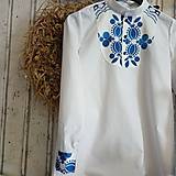 "FLORAL FOLK"  pánska  košeľa so stojačikom  (Dlhý rukáv biela +  modrý ornament)