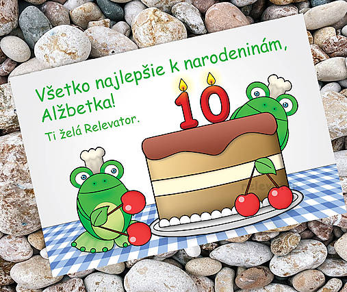 Pohľadnica k narodeninám žabky kuchárky (čerešňová)